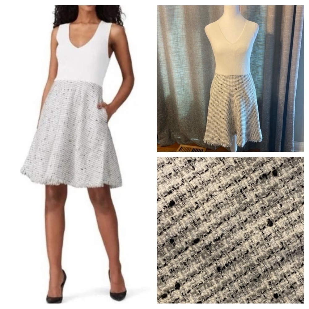 Ted Baker Adalad Knit Bodice Tweed Skater Dress White-Gray 33368